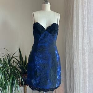 Bradley Bayou Women’s Small Dress Blue Black Lace Mini Dress Strapless Crinkle